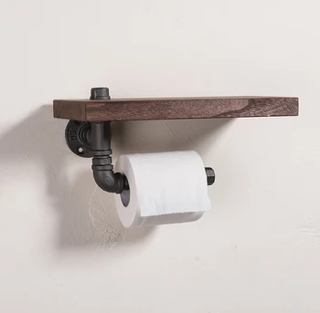 30*15cm Industrielle jernrør, væghængt toiletpapirholder Køkken Håndklæde Rack Roll Papir Væv Holder med Træ Hylde J011