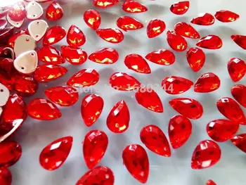 300pcs Rød farve Sy på perle, krystal 8*13mm Drop form flatback sten akryl rhinestones strass diamant