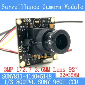 32*32mm overvågningskamera 800TVL 1/3 Effio Sony CCD 811+4140+5148 CCTV kamera modul,3MP+3,6 mm linse 92 grader+BNC/OSDCable