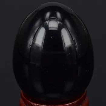 34x44MM Naturlig Gemstone Sort Obsidian Sfære Æg Reiki Healing Håndværk Stone Massage Finger Motion
