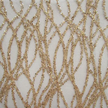 360 cm fransk kunst kurve blonder, palietter net stof champagne gold shiny party dress mesh stof syning diy tilbehør