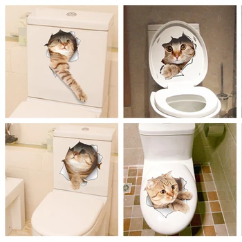3D Katte Wall Sticker Toilet Klistermærker Hul Udsigt Levende Hunde Badeværelse Værelse Dekoration Dyr PVC Decals Art Wall Sticker Plakat