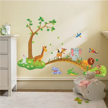 3D-Tegnefilm Jungle dyr træ bro løve, Giraf, elefant fugle, blomster wall stickers kids room living room home decor poster