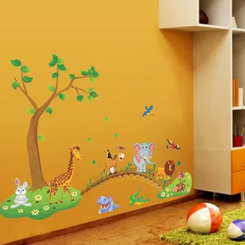 3D-Tegnefilm Jungle dyr træ bro løve, Giraf, elefant fugle, blomster wall stickers kids room living room home decor poster