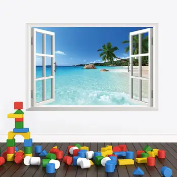 % 3d windows wall stickers sea beach hill island decals landskab, natur, kunst vægmaleri stue hjem udsmykning diy-plakater
