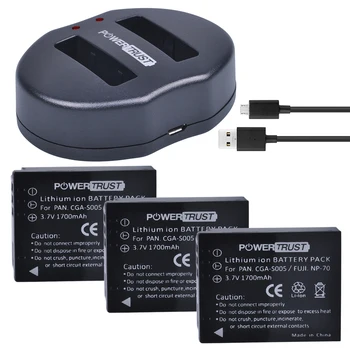 3Pcs 3,7 V 1700mAh CGA-S005 CGA-S005 CGAS005 Batteri+ Dual USB Oplader til PANASONIC DMW-BCC12 DMC-FX8 FX9 FX10 FX12 FX50 FX150