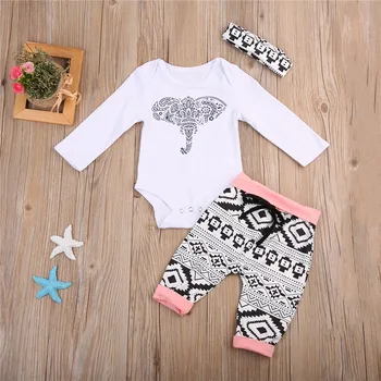 3Pcs Nyfødte Kids Baby Pige Dreng Outfits Sæt Tøj med Lange Ærmer Elefant Print Body One-stykker Bomuld Lange Bukser Hovedbøjle