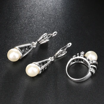 3Pcs Sølv Farve Perle Smykker Sæt Til Kvinder Hule Vand Dråbe Halskæde, Øreringe Og Ring Vintage Bryllup Smykker Sæt