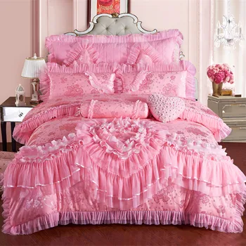 4/6/9pcs Blonder hjertet prinsesse bryllup sengetøj sæt dronning king size dynebetræk +quiltet bedcover+pude humbug+pude pink rød