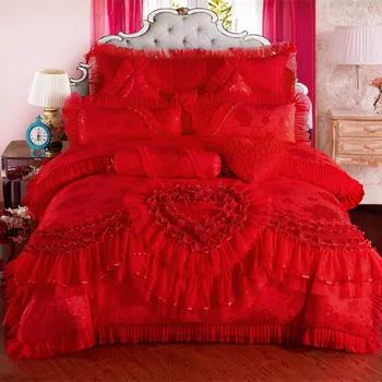 4/6/9pcs Blonder hjertet prinsesse bryllup sengetøj sæt dronning king size dynebetræk +quiltet bedcover+pude humbug+pude pink rød