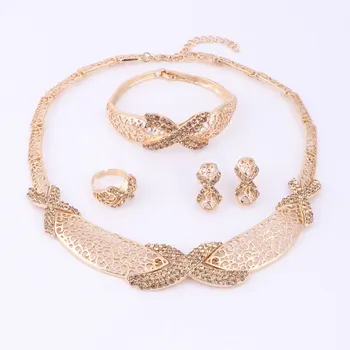 4Color Bridal Wedding Afrikanske Perler Smykke Sæt Guld Farve Kvinder Nye Trendy Design Krystal Halskæde Øreringe Armbånd Ring