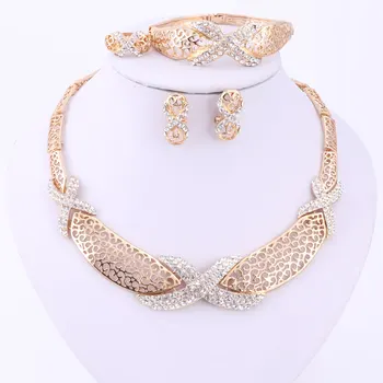 4Color Bridal Wedding Afrikanske Perler Smykke Sæt Guld Farve Kvinder Nye Trendy Design Krystal Halskæde Øreringe Armbånd Ring