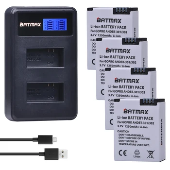 4stk 1250mAh Batteri + USB-LCD-Dobbelt Oplader til Gopro 3 Batteri GoPro HERO3+, HERO3 og GoPro AHDBT-201, AHDBT-301, AHDBT-302