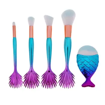 4stk Blå Lilla Havfrue Foundation Powerder Blush Makeup Brush + 1stk Fede Fisk Foundation Børster Værktøjer