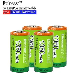 4stk Cr123a 3v lithium LiFePO4 Batterier Li-Po 16340 3.0v li-ion li-polymer Etinesan 1350mAh Genopladeligt batteri