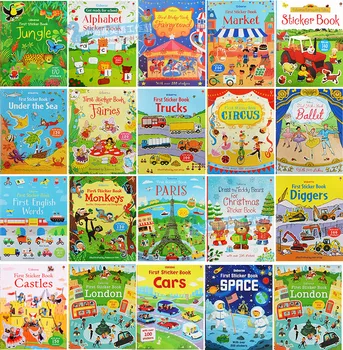 5 bøger/set Usborne børn engelsk billede klistermærke bog farvning pædagogiske bøger børn dressing op/Jul/biler klistermærker