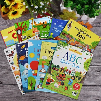 5 bøger/set Usborne børn engelsk billede klistermærke bog farvning pædagogiske bøger børn dressing op/Jul/biler klistermærker