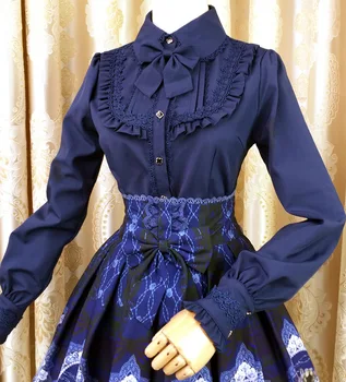 5 Farve Vinteren Fleece foret Lanterne ærme Solid Farve Harmonika Lolita Shirt Bowtie Blonder Fluesvamp hem Kvinder Vintage Royal Bluser