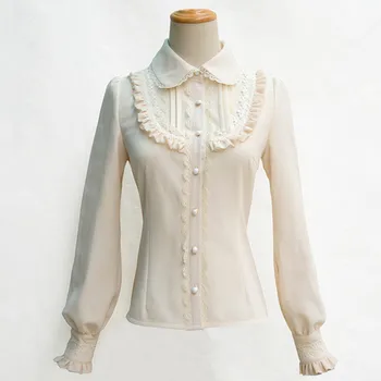 5 Farve Vinteren Fleece foret Lanterne ærme Solid Farve Harmonika Lolita Shirt Bowtie Blonder Fluesvamp hem Kvinder Vintage Royal Bluser