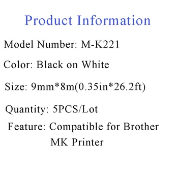 5 Pack Kompatibel Brother P-touch M Tape MK221 M221 M-K221 9mm Sort på Hvid Label Tape til PT-65 PT-70 PT-80 PT-85 PT-90