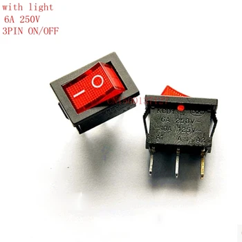 5 STK 3-polede ON-OFF rød-afbryder 6A 250V med lys rød lys rocker switch Power switch