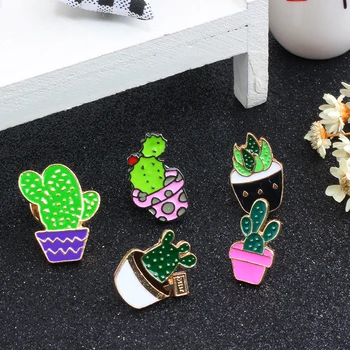 5 Tegneserie Stil Mode Emalje Pin-Metal Broche Mini Grøn Plante Potteplanter Kaktus-Knappen Brocher Denim Jakke Krave Badge Pins