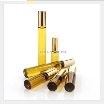 50 Stykker/masse, 3ML 5 ML 10 ML Glas Roll on Flaske gul Duft af Æteriske Olie Emballage Hætteglas Brun Roller Flaske Guld Cap Stål Perle