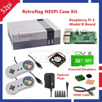 52Pi Retroflag NESPI Tilfældet med Raspberry Pi 3+32G Kort+Ventilator+2stk SNES Gamepad+strømadapter+Heatsink+HDMI-Kabel for RetroPie
