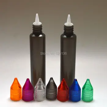 5pcs/masse Tomme 30 ml Sort Pen Style Flasker med Farverige hatte og Lange Tips Plast Dropper E Væske Flasker