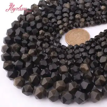 6-12mm Facetslebne Guld Obsidian Sten Spacer Løse Perler Strand 15
