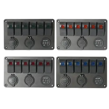 6 Banden 5-12V 24V LED Rocker Switch Panel Afbryder Oplader Dobbelt USB Stik Cigaretter Plug Voltmeter Bil Auto Oplader
