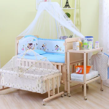 6-i-1 baby seng sæt, spædbarn vugge, barneseng og flytte hylden ,højden kan justeres bed krybbe, pine barneseng med hjul