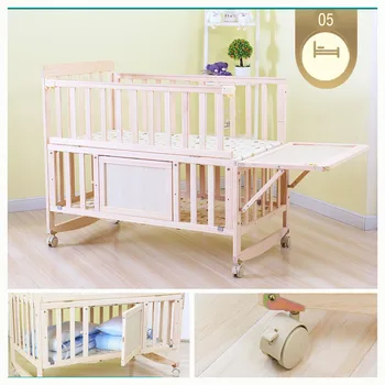 6-i-1 baby seng sæt, spædbarn vugge, barneseng og flytte hylden ,højden kan justeres bed krybbe, pine barneseng med hjul