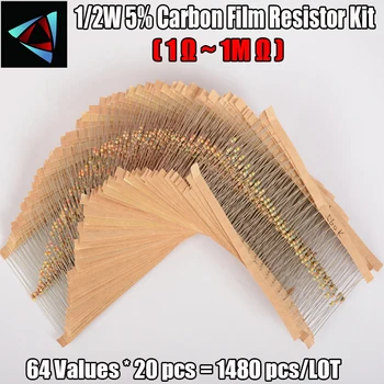 64 værdier 1280pcs 1 ohm - 10M ohm 1/2W 5% Carbon Film Modstande Sortiment Kit