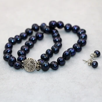 7-8mm naturlige black pearl perler, 2 rækker, armbånd, øreringe til kvinder gaver engros-pris, høj kvalitet smykker sæt 7,5 tommer B3024