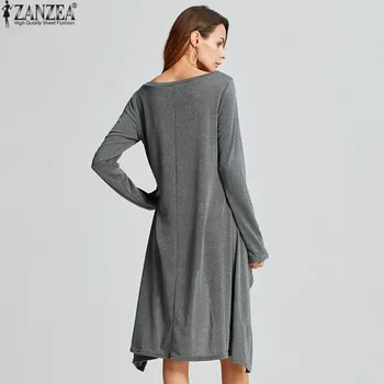 7 Farver ZANZEA Vestidos Kvinder Sweater Kjole Ladies Casual Tøj Strikket langærmet Asymmetrisk Hem Mid-kalv Plus Size Kjoler
