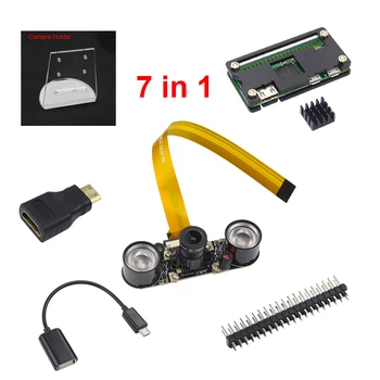 7-i-1 Raspberry Pi Nul W Kamera + Holder + Akryl Tilfælde + køleplade + Mini HDMI Adapter + GPIO Header + Mini USB-Adapter +