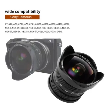 7artisans 7,5 mm F/2.8 Vidvinkel Fisheye-Linse 180 Graders Multi-coated til Sony E-Mount A7 A9 A7S A7RII A7SII A6300 NEX-7 Kamera