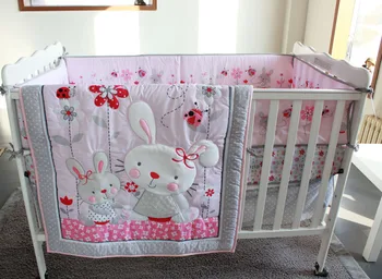 7Pc Krybbe Spædbarn Værelses Kids Baby Soveværelse Sæt Børnehave Sengetøj Pink Rabit Barneseng strøelse sæt til nyfødte baby dreng