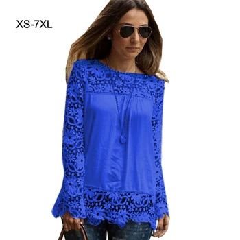 7XL Plus Size Toppe Forår Sommer Hvide Bluser Kvinder Shirts Lace Blouse Chiffon Patchwork Løs Skjorte Camisa Blusas Feminina 6XL
