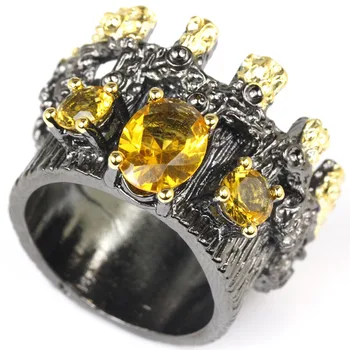 8.5# Vintage Crown Golden Citrins Kvindes Bryllup Sort Guld Sølv Ring 25x21mm