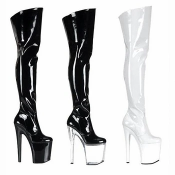 8 inches af sexede kvindelige gladiatorer knæ-høje støvler, 20 cm høj hæl støvler, høje strip club platform støvler, sort, hvid