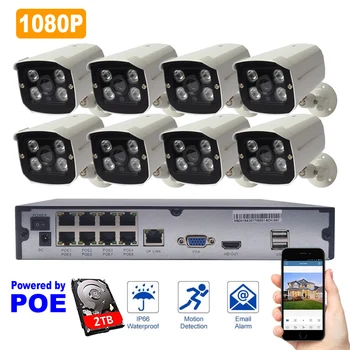 8ch CCTV Kamera System+2TB HDD 1080P Udendørs IP-Kamera POE NVR Kit-Vandtæt Overvågning Sikkerhed System IR Night Vision