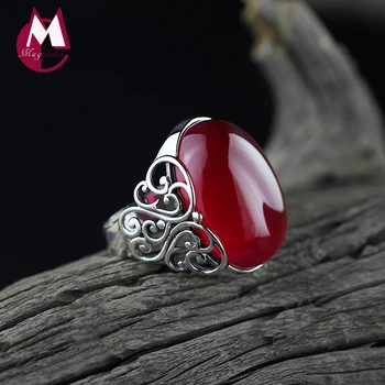 925 Sterling Sølv Ring For Kvinder Fine Gemstone Kvinders Smykker, Trendy Rød Jade Vielsesring Hule Udskæring Blomst SR19