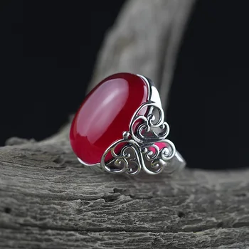 925 Sterling Sølv Ring For Kvinder Fine Gemstone Kvinders Smykker, Trendy Rød Jade Vielsesring Hule Udskæring Blomst SR19