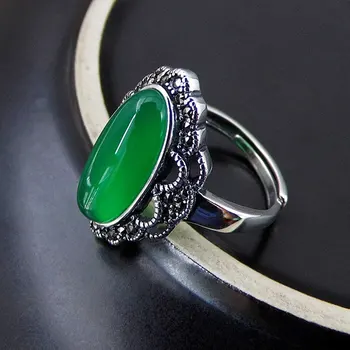 925 Sølv MARCASITE Ring Oval Naturlige Grønne Sten Ren S925 Solid Sterling Sølv Ringe for Kvinder Smykker Justerbar Størrelse