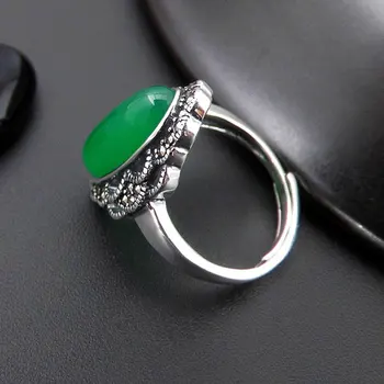 925 Sølv MARCASITE Ring Oval Naturlige Grønne Sten Ren S925 Solid Sterling Sølv Ringe for Kvinder Smykker Justerbar Størrelse