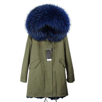 AA 2017 nye mode til kvinder ægte vaskebjørn pels krave hætte pels lange parkacoats vinter jakke med tykke virkelige faux pels foring