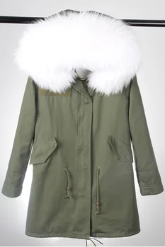 AA 2017 nye mode til kvinder ægte vaskebjørn pels krave hætte pels lange parkacoats vinter jakke med tykke virkelige faux pels foring
