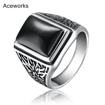 Aceworks Retro Black Stone 925 Sterling Sølv Metal Europa Ringe Mænd Bryllup Brude Fine Smykker I Antik Sølv Designer
